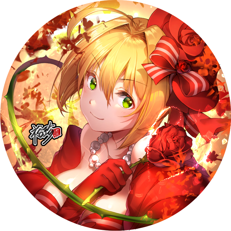1girl ahoge blonde_hair blush bow breasts cleavage elbow_gloves eyebrows_visible_through_hair fate/extra fate_(series) flower gloves green_eyes hair_bow holding holding_flower kyjsogom large_breasts looking_at_viewer red_bow red_gloves red_rose rose saber saber_extra short_hair smile solo thorn