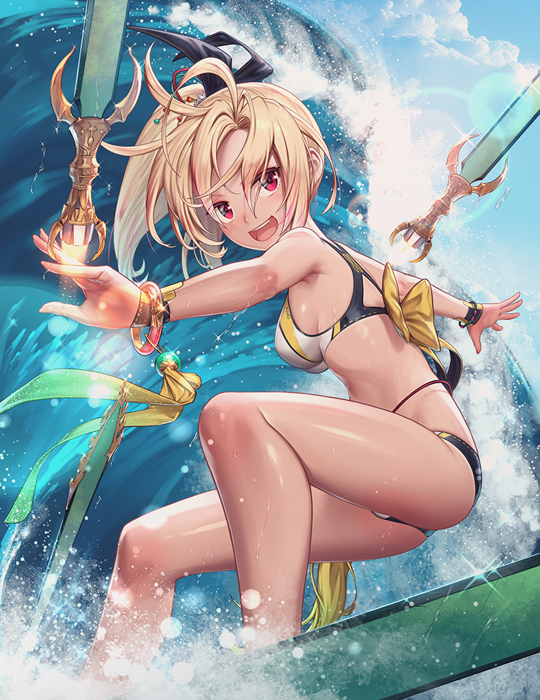 1girl ahoge ass bent_knees bikini blonde_hair blush day floating_object full_body light_particles long_hair looking_at_viewer midriff multicolored multicolored_bikini multicolored_clothes ocean open_mouth original outstretched_arms red_eyes remana shiny shiny_skin side_ponytail sky surfboard surfing swimsuit sword thighs water waves weapon wet wet_clothes