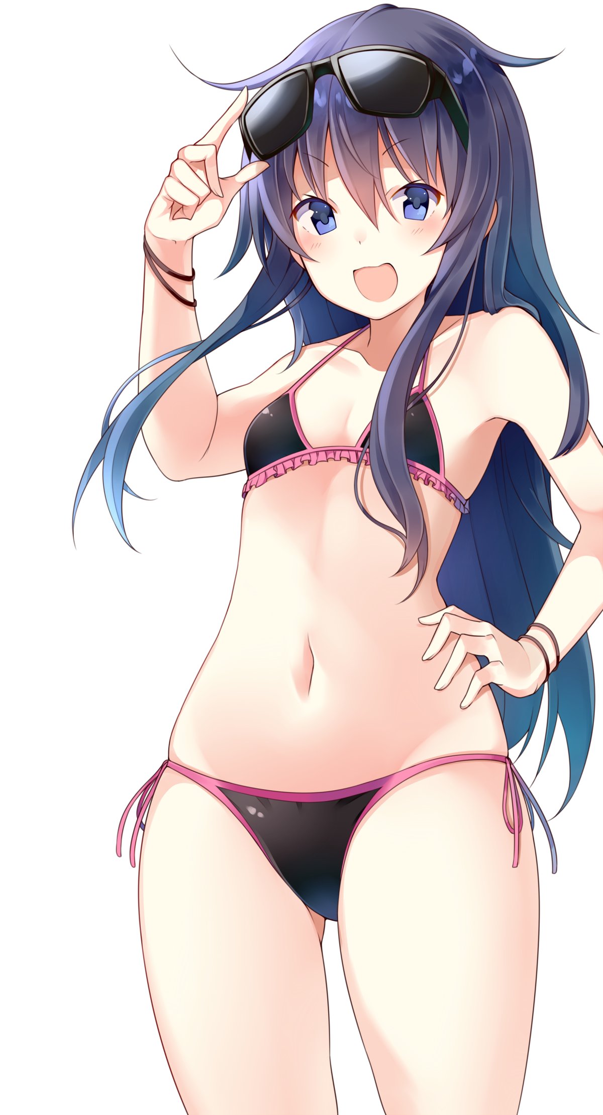 &gt;:d 1girl :d akatsuki_(kantai_collection) bare_arms bare_shoulders bikini black-framed_eyewear black_bikini blue_eyes blush bracelet collarbone cowboy_shot flat_chest frilled_bikini frills hair_between_eyes hand_on_hip highres jewelry kantai_collection long_hair looking_at_viewer matsunoki_(unknown_751) navel open_mouth pink_ribbon purple_hair ribbon side-tie_bikini smile solo standing stomach string_bikini sunglasses sunglasses_on_head swimsuit very_long_hair violet_eyes