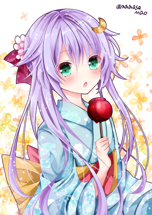 1girl alternate_costume bad_id bad_pixiv_id candy_apple crescent crescent_hair_ornament food green_eyes hair_ornament holding holding_food japanese_clothes kantai_collection kimono long_hair long_sleeves nanase_nao obi open_mouth purple_hair sash short_hair_with_long_locks solo twitter_username wide_sleeves yayoi_(kantai_collection) yukata