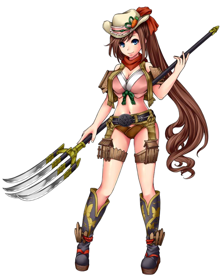 1girl artist_request boots breasts brown_hair cleavage cow_girl cowboy_hat hat holding holding_weapon large_breasts long_hair midriff navel nejou_(oshiro_project) official_art oshiro_project oshiro_project_re ponytail sleeveless smile solo transparent_background very_long_hair weapon