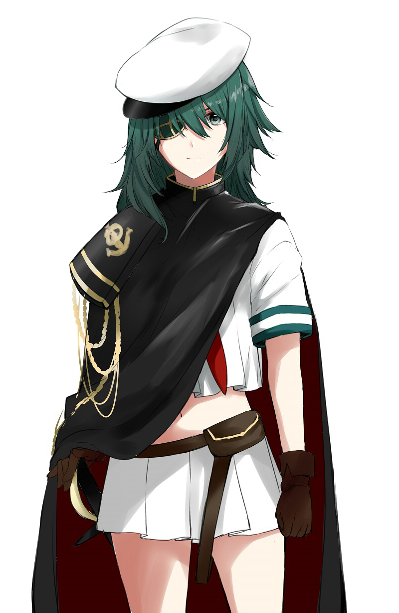 1girl aiguillette anchor_symbol arm_at_side belt_pouch black_cape brown_gloves cape clenched_hand cowboy_shot eyepatch gloves green_eyes green_hair hair_between_eyes hat highres kantai_collection kiso_(kantai_collection) legs_apart long_hair looking_at_viewer morinaga_(harumori) neckerchief pleated_skirt pouch red_neckerchief sailor_hat school_uniform serafuku sheath sheathed shirt short_hair short_sleeves simple_background skirt sleeve_cuffs solo standing sword weapon white_background white_hat white_shirt white_skirt