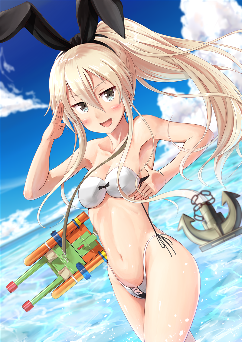 1girl alternate_costume alternate_hairstyle armpits bare_arms bare_shoulders bikini blonde_hair blush breasts clouds cloudy_sky collarbone cowboy_shot day grey_eyes hair_between_eyes highleg highleg_bikini ichikawa_feesu kantai_collection long_hair looking_at_viewer midriff navel ocean ponytail rensouhou-chan salute shimakaze_(kantai_collection) side-tie_bikini sky small_breasts smile swimsuit thighs water_gun white_bikini