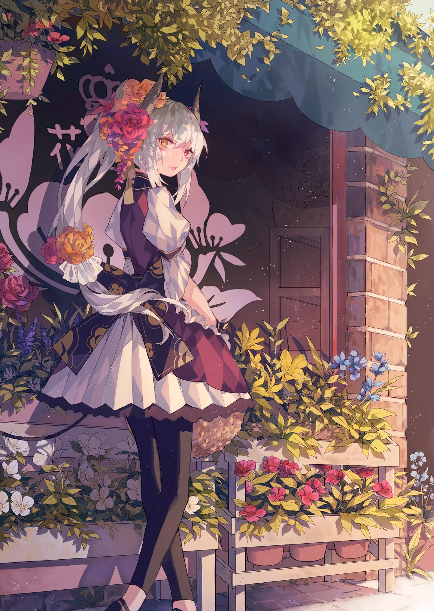 1girl animal_ears bare_shoulders black_legwear blue_flower bow brick_wall cat_ears commentary commentary_request dress flower flower_pot flower_shop hair_bow hair_flower hair_ornament hanakotoba_(group) hat highres holding horns kanekiru leaf leggings long_hair looking_at_viewer open_mouth original outdoors pink_flower plant potted_plant red_eyes shelf shop short_hair skirt smile solo standing very_long_hair vines white_flower white_hair window yellow_flower