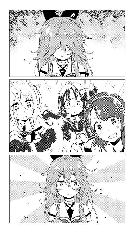 &gt;:/ 3koma 4girls :/ blush choker comic commentary_request greyscale grin hair_ornament hair_over_eyes hairclip kantai_collection kawakaze_(kantai_collection) long_hair monochrome multiple_girls silent_comic smile sparkle sugue_304 suzukaze_(kantai_collection) umikaze_(kantai_collection) yamakaze_(kantai_collection)