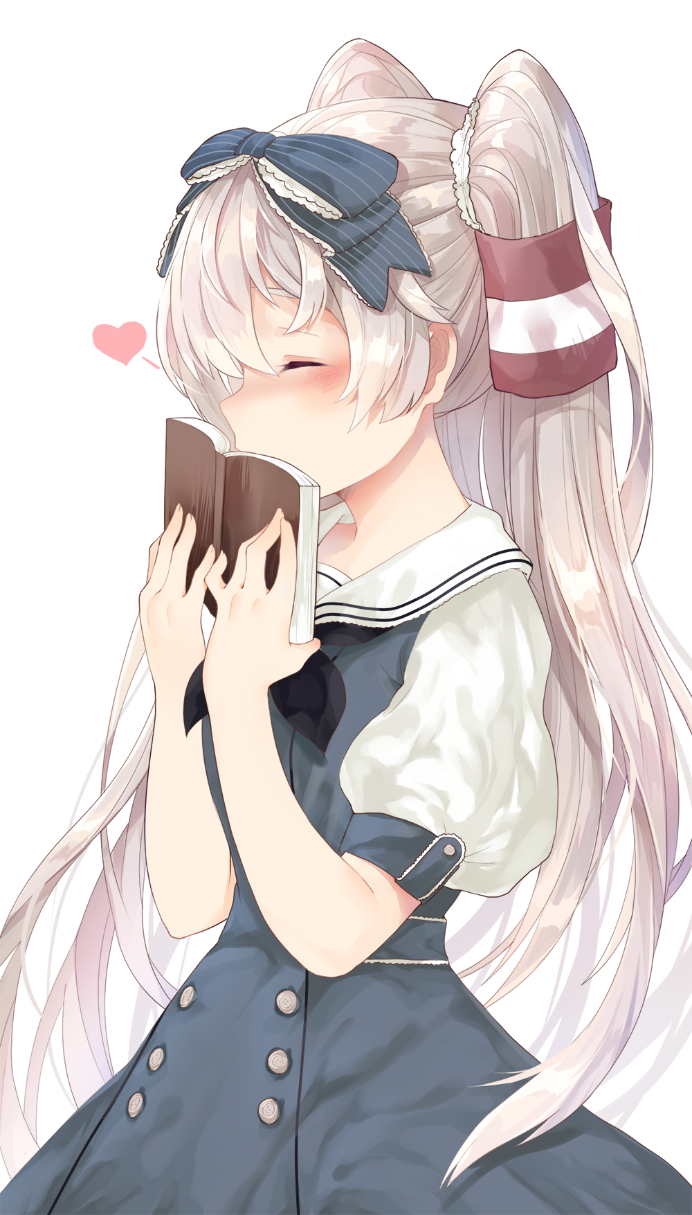 1girl alternate_costume amatsukaze_(kantai_collection) blue_dress blue_ribbon blush book buttons closed_eyes dress hair_ribbon heart highres holding holding_book kantai_collection long_hair mao_ge puffy_short_sleeves puffy_sleeves ribbon short_sleeves silver_hair simple_background solo two_side_up white_background windsock