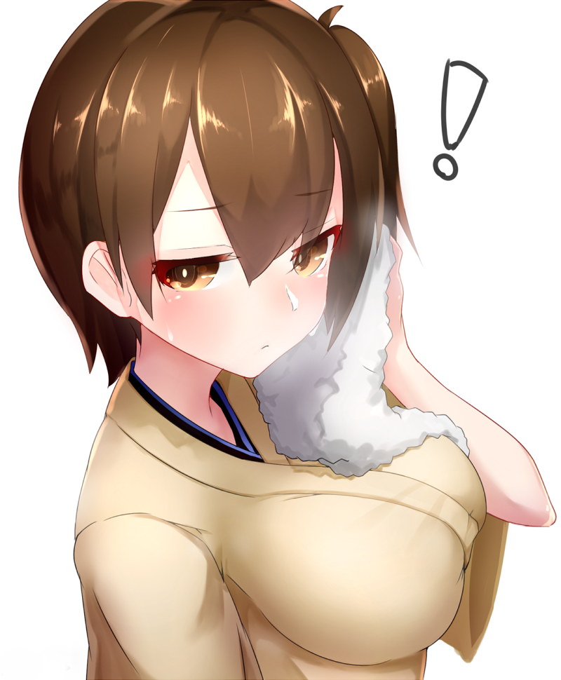 ! 1girl boruhis breasts brown_eyes brown_hair hair_between_eyes japanese_clothes kaga_(kantai_collection) kantai_collection large_breasts short_hair side_ponytail simple_background solo sweat towel white_background wide_sleeves wiping_sweat