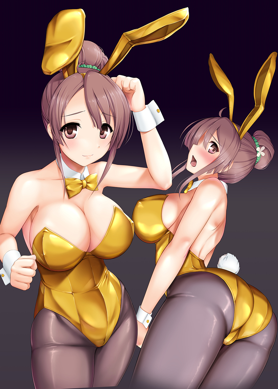 1girl 8000 animal_ears black_legwear blush breasts brown_eyes brown_hair bunny_girl bunnysuit commentary_request covering covering_breasts detached_collar erect_nipples fake_animal_ears from_behind hair_bun hair_ornament hairclip highres large_breasts leotard long_hair looking_at_viewer multiple_views playboy_bunny_leotard rabbit_ears sakura_quest shinomiya_shiori shiny shiny_clothes shiny_skin sideboob smile yellow_leotard