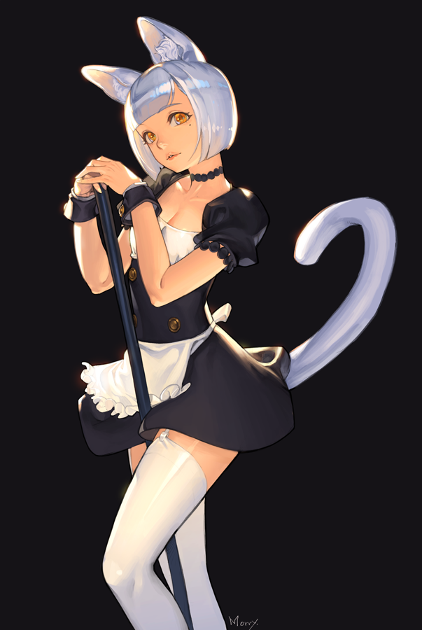 1girl animal_ears apron artist_name bangs between_legs black_choker black_dress blunt_bangs bob_cut breasts broom buttons cat_ears cat_girl cat_tail choker cleavage collarbone commentary_request cowboy_shot dress fingernails frilled_apron frills garter_straps head_tilt holding holding_broom lavender_hair looking_at_viewer maid medium_breasts mole mole_under_eye mop na_in-sung nose orange_eyes original parted_lips pink_lips puffy_short_sleeves puffy_sleeves short_dress short_hair short_sleeves solo standing tail teeth thigh-highs waist_apron white_apron white_legwear wrist_cuffs