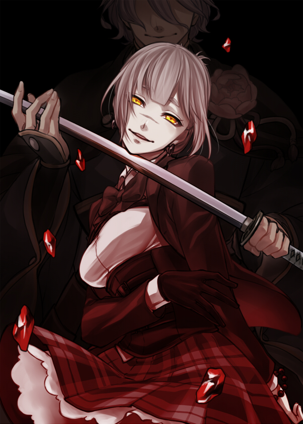 1boy 1girl bow bowtie bracelet breasts crossover earrings faceless faceless_male flower frills gloves half-closed_eyes holding holding_sword holding_weapon jewelry kasen_kanesada kasen_mutsumi looking_at_viewer mocollie parted_lips pleated_skirt scar shinken!! short_eyebrows skirt solo_focus sword touken_ranbu weapon yellow_eyes