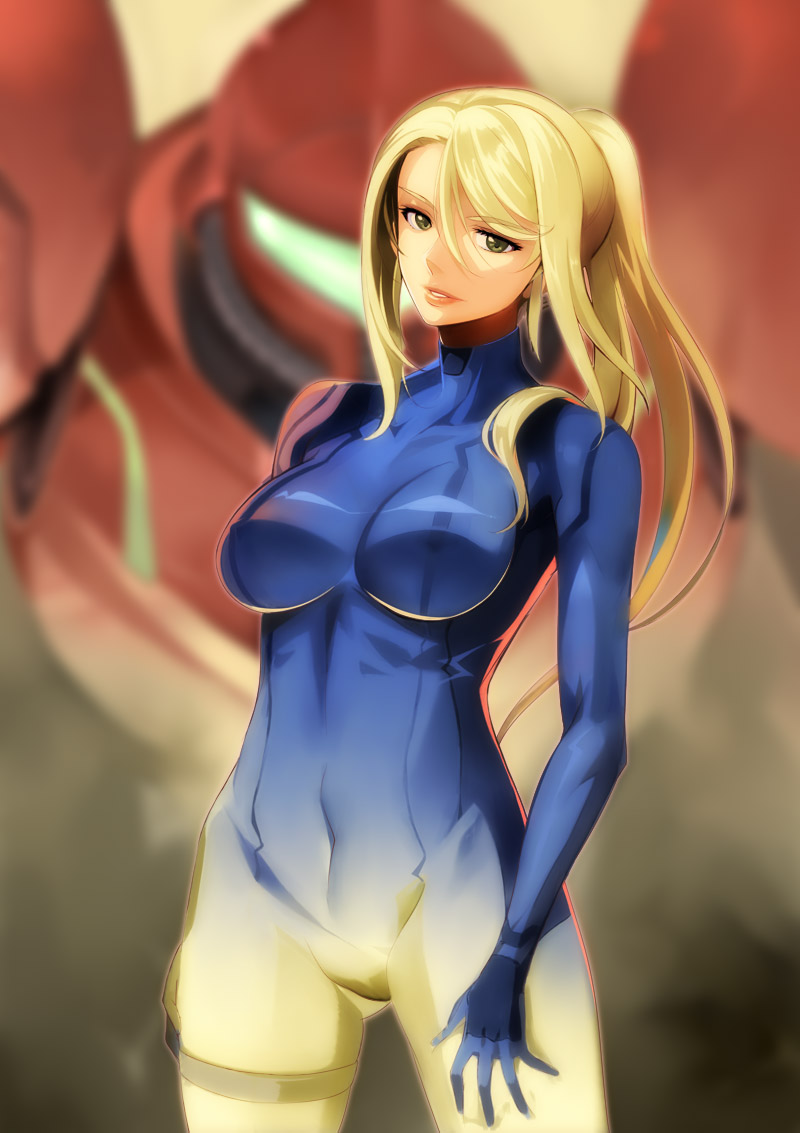 1girl armor blonde_hair bodysuit breasts covered_navel covered_nipples cowboy_shot green_eyes holster impossible_clothes lips long_hair medium_breasts metroid miyo_(13th_floor) ponytail projected_inset samus_aran sidelocks skin_tight smile thigh_holster thigh_strap varia_suit zero_suit