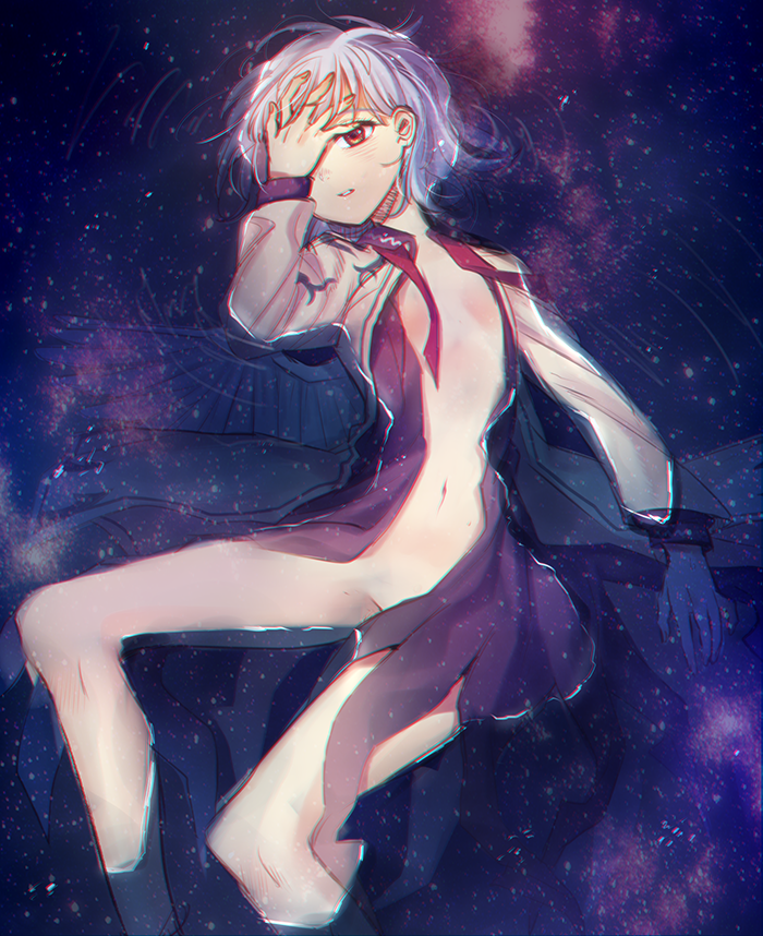 1girl afloat arm_at_side bare_legs brown_eyes collared_dress convenient_censoring covering_one_eye dress flat_chest from_above hand_on_own_forehead hand_up jacket kishin_sagume long_sleeves looking_at_viewer lying navel night night_sky no_bra no_panties on_back open_clothes open_dress open_jacket parted_lips partially_submerged purple_dress reflection retota short_hair silver_hair single_wing sky solo star_(sky) starry_sky stomach touhou undone_bowtie water wing_collar wings