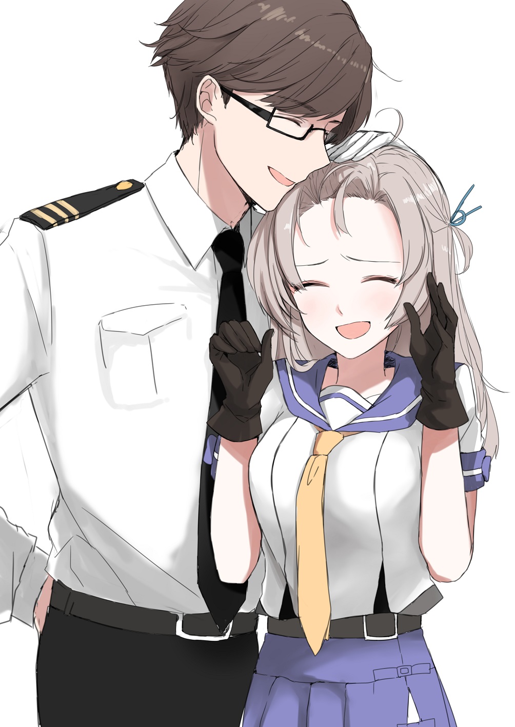 1boy 1girl ^_^ ^o^ admiral_(kantai_collection) belt belt_buckle black-framed_eyewear black_gloves black_necktie black_pants blue_ribbon blue_sailor_collar blue_skirt blush breast_pocket brown_hair buckle closed_eyes couple cowboy_shot epaulettes eyebrows_visible_through_hair forehead glasses gloves hair_ribbon hand_on_another's_head hand_on_hip hands_up happy height_difference hetero highres kantai_collection kinugasa_(kantai_collection) long_hair long_sleeves morinaga_(harumori) navel_cutout necktie one_side_up open_mouth pants petting pink_hair pleated_skirt pocket raised_eyebrows ribbon sailor_collar school_uniform semi-rimless_glasses serafuku short_hair short_sleeves sideways_mouth simple_background skirt smile under-rim_glasses white_background white_gloves yellow_necktie