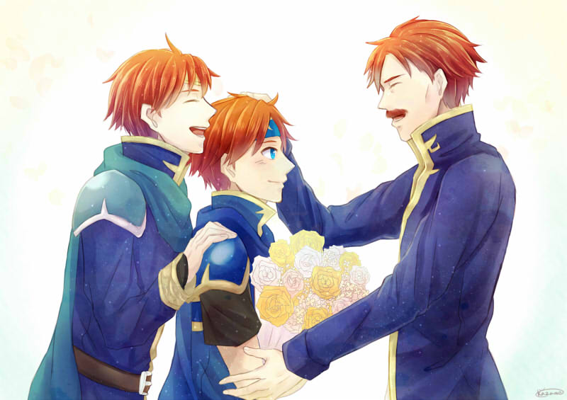 3boys :d age_difference ahoge belt blue_cape blue_clothes blue_eyes blush bouquet cape closed_eyes closed_mouth elbert_(fire_emblem) eliwood_(fire_emblem) facial_hair family father_and_son fire_emblem fire_emblem:_fuuin_no_tsurugi fire_emblem:_rekka_no_ken fire_emblem_heroes flower grandfather_and_grandson hand_on_another's_head hand_on_another's_shoulder happy highres kazame long_sleeves looking_at_another male_focus multiple_boys mustache nintendo older open_mouth pauldrons petting redhead rose round_teeth roy_(fire_emblem) short_hair short_sleeves smile teeth white_background white_flower white_rose yellow_flower yellow_rose