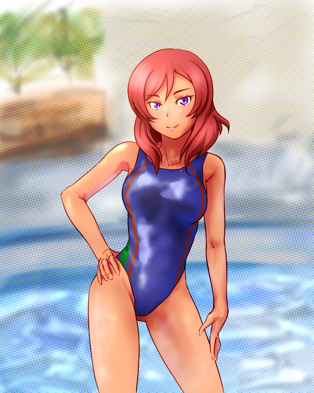 1girl breasts competition_swimsuit contrapposto groin hand_on_hip hand_on_thigh highres legs long_hair looking_at_viewer love_live! love_live!_school_idol_project medium_breasts nishikino_maki one-piece_swimsuit pink_eyes redhead smile solo swimsuit uotarou_(water-tank-60cm)