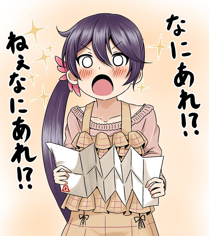 1girl akebono_(kantai_collection) blouse blush_stickers casual contemporary dress flower hair_between_eyes hair_flower hair_ornament kantai_collection long_hair looking_at_viewer map open_mouth pink_blouse purple_hair shino_(ponjiyuusu) solo sparkle surprised translated very_long_hair wide-eyed yellow_background