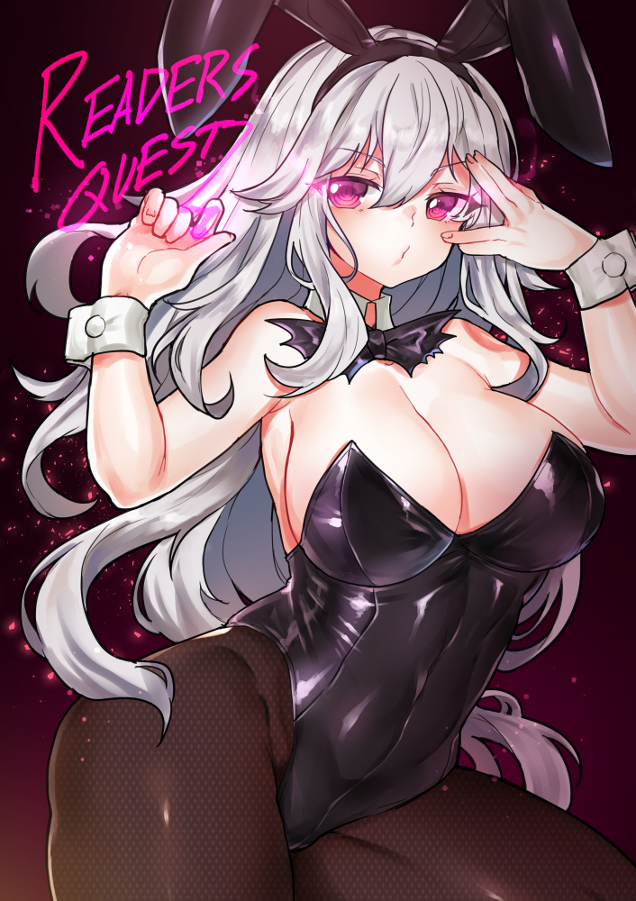 1girl animal_ears bare_shoulders breasts bunny_girl bunnysuit cleavage fishnet_pantyhose fishnets large_breasts long_hair looking_at_viewer osiimi pantyhose parted_lips pink_eyes rabbit_ears silver_hair solo thighs