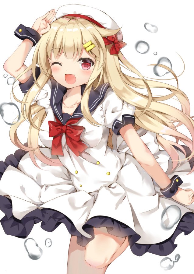 1girl alternate_costume black_sailor_collar blonde_hair dress erika_(ym0311) hair_flaps hair_ornament hairclip hat kantai_collection long_hair one_eye_closed open_mouth puffy_short_sleeves puffy_sleeves red_eyes remodel_(kantai_collection) sailor_collar short_sleeves smile solo white_background white_dress white_hat yuudachi_(kantai_collection)