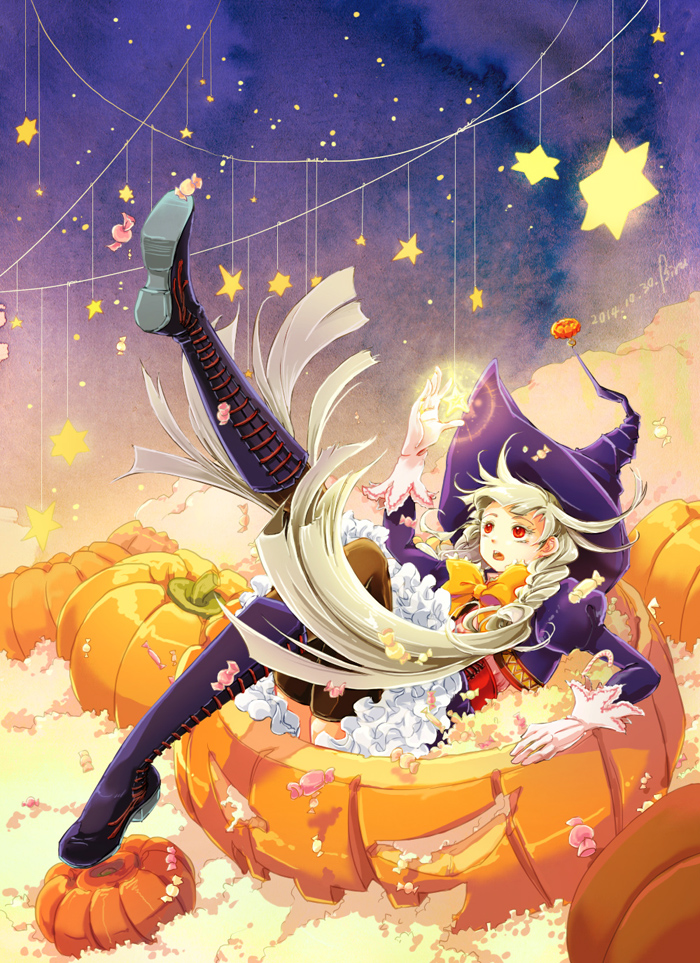 androgynous biru black_boots black_legwear boots bow braid candy dated food frills gloves halloween hat jack-o'-lantern knee_boots leg_up long_hair open_mouth orange_bow original pumpkin purple_hat red_eyes sitting star thigh-highs very_long_hair white_gloves witch_hat wrapped_candy