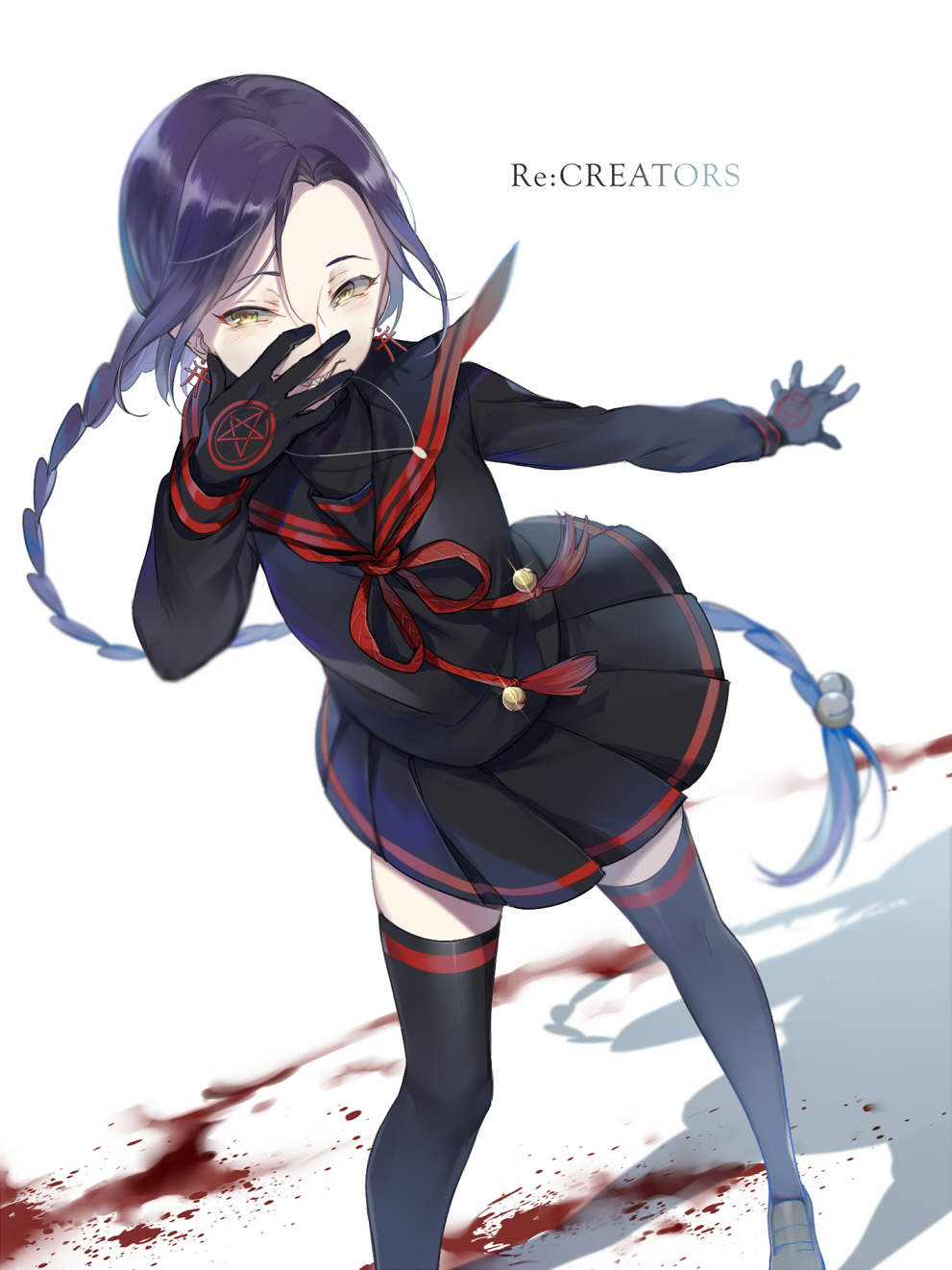 1girl bell black_gloves blood braid chikujouin_magane earrings ekira_nieto gloves grin hair_bell hair_ornament highres jewelry long_hair purple_hair re:creators school_uniform serafuku sharp_teeth single_braid skirt smile solo teeth thigh-highs torii_earrings