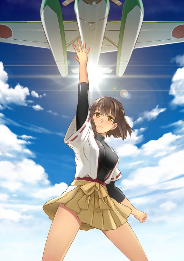 1girl aircraft airplane blush bodysuit brown_eyes brown_hair clouds commentary_request day hand_up hyuuga_(kantai_collection) japanese_clothes kantai_collection looking_at_viewer nontraditional_miko short_hair skin_tight skirt sky sun undershirt yumi_yumi zuiun_(kantai_collection)