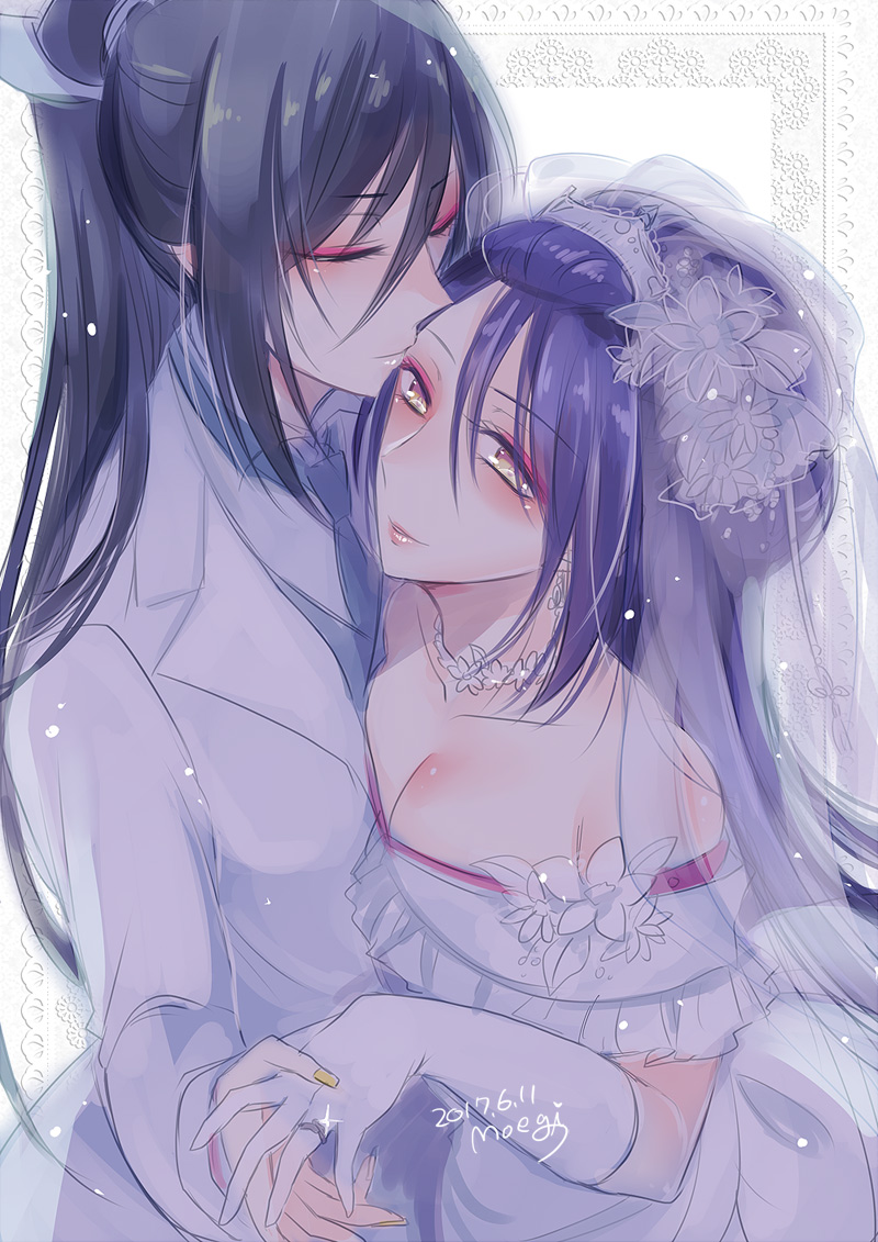 2017 2boys artist_name black_hair bridal_veil closed_eyes crossdressinging dated dress eyeshadow flower formal gloves hair_flower hair_ornament husband_and_husband jewelry jirou_tachi makeup male_focus moegi_(honey_122) multiple_boys necktie otoko_no_ko pectorals ponytail ring suit tarou_tachi touken_ranbu veil wedding wedding_dress wedding_ring white_gloves white_suit yaoi yellow_eyes