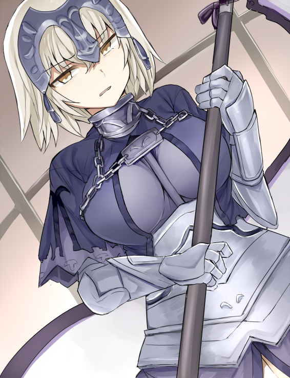 1girl alternate_costume annoyed armor armored_dress blonde_hair breasts capelet chains fate/grand_order fate_(series) flag gauntlets headpiece jeanne_alter large_breasts revision ruler_(fate/apocrypha) sabujiroko short_hair solo yellow_eyes