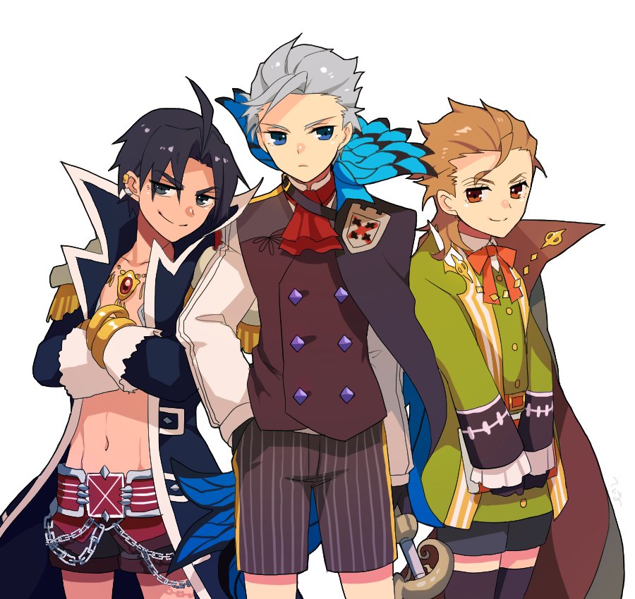 3boys adapted_costume black_hair book cape caster_of_red chains child cocorosso crossed_arms double-breasted edward_teach_(fate/grand_order) fate/apocrypha fate/grand_order fate_(series) gold_necklace hair_slicked_back hand_in_pocket james_moriarty_(fate/grand_order) jewelry male_focus multiple_boys necklace orange_hair shorts silver_hair simple_background white_background younger