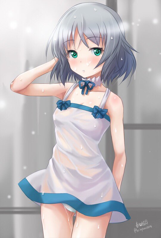 1girl arm_behind_back arm_behind_head artist_name bangs breasts casual closed_mouth cowboy_shot dress green_eyes haruhata_mutsuki neck_ribbon panties ribbon sanya_v_litvyak short_hair signature silver_hair small_breasts solo standing strike_witches sundress thigh_gap twitter_username underwear wet wet_clothes wet_dress white_dress white_panties world_witches_series