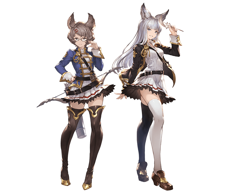 2girls adjusting_glasses animal_ears bangs belt black_legwear boots bow_(weapon) breasts brown_eyes brown_hair detached_sleeves erun_(granblue_fantasy) feathers full_body glasses granblue_fantasy hair_ornament hairclip hand_on_hip jacket korwa long_hair looking_at_viewer medium_breasts minaba_hideo multiple_girls musical_note official_art open_clothes open_jacket quaver quill school_uniform short_hair silver_hair skirt smile solo standing sutera_(granblue_fantasy) thigh-highs thigh_boots transparent_background weapon white_legwear zettai_ryouiki