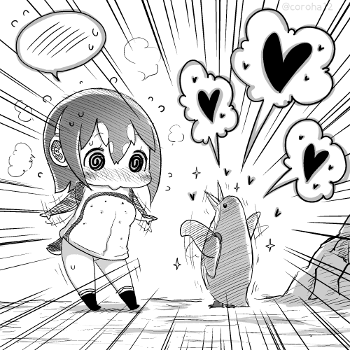 1girl @_@ animal bird black_legwear chibi eyebrows_visible_through_hair flapping grape-kun greyscale heart humboldt_penguin_(kemono_friends) kemono_friends kneehighs looking_at_another lowres monochrome oyatsu_(mk2) penguin speech_bubble spoken_blush spoken_heart twitter_username waving_arms