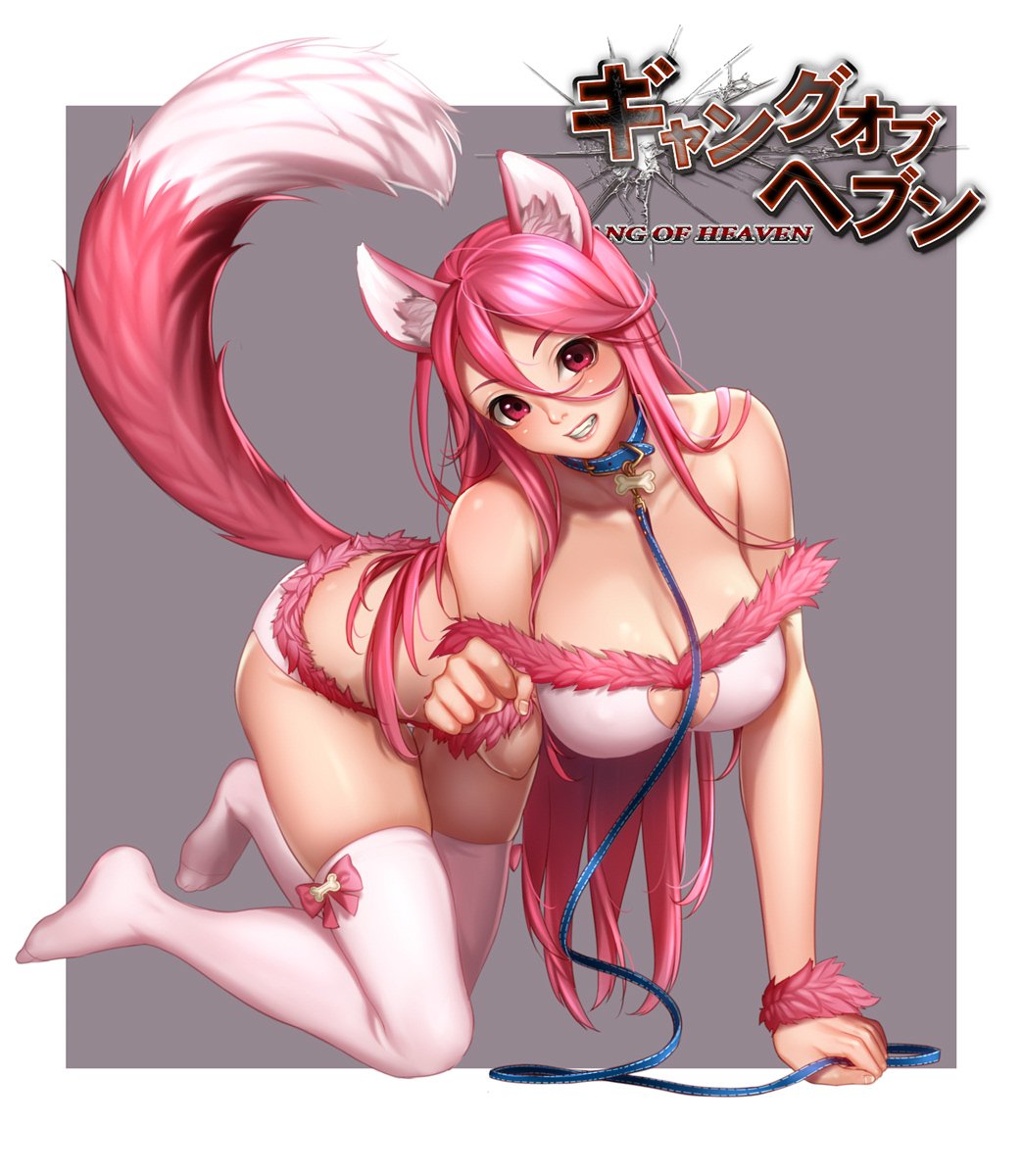 1girl all_fours animal_ears bare_shoulders bikini blush breasts cleavage cleavage_cutout collar collarbone copyright_name fox_ears fox_girl fox_tail full_body fur_trim gang_of_heaven grin hair_between_eyes highres large_breasts leash long_hair looking_at_viewer masami_chie paw_pose pink_hair red_eyes smile solo swimsuit tail thigh-highs very_long_hair white_bikini white_legwear
