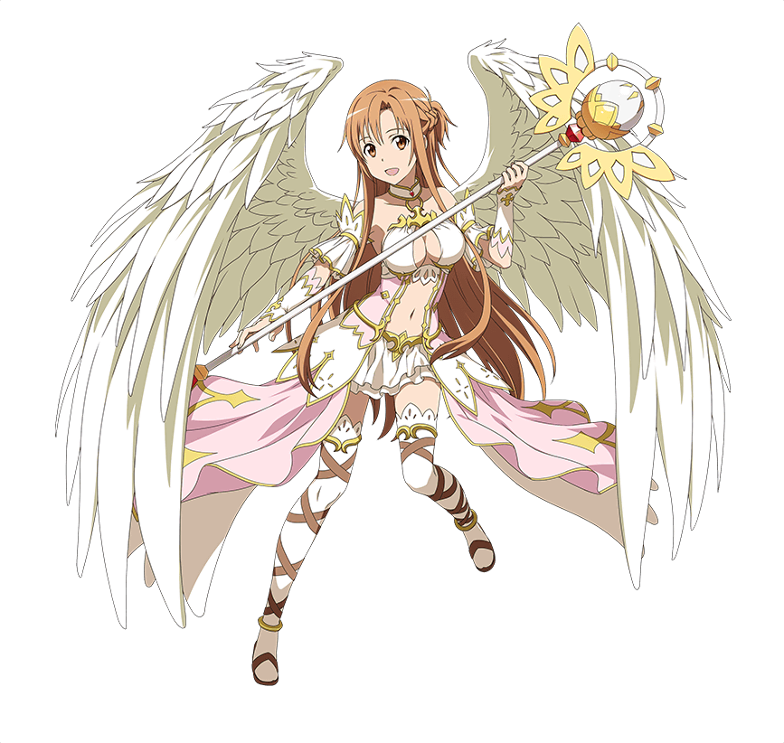 1girl :d angel_wings asuna_(sao) breasts brown_eyes brown_hair cleavage detached_sleeves feathered_wings full_body holding holding_staff layered_skirt long_hair looking_at_viewer medium_breasts midriff miniskirt navel open_mouth skirt smile solo staff standing stomach sword_art_online thigh-highs transparent_background very_long_hair white_legwear white_skirt white_wings wings