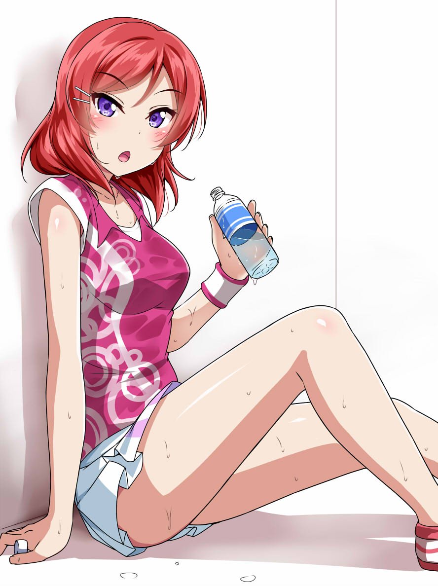 1girl :o blush bottle bottle_cap collared_shirt commentary_request dripping eyebrows_visible_through_hair hair_ornament hairpin holding holding_bottle looking_at_viewer love_live! love_live!_school_idol_project miniskirt nishikino_maki redhead shirt short_sleeves sitting skirt solo sweat sweating tsurime violet_eyes water_bottle wristband yopparai_oni