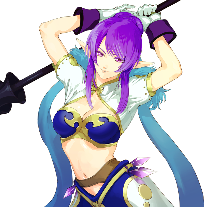 1girl arms_up blue_hair breasts cleavage contrapposto gloves judith long_hair medium_breasts midriff multicolored_hair navel pointy_ears polearm purple_hair solo tales_of_(series) tales_of_vesperia two-tone_hair upper_body violet_eyes weapon white_gloves zakki