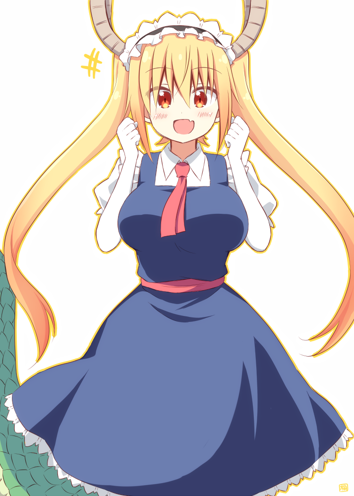 1girl :d akane_souichi apron bangs blonde_hair blush breasts brown_eyes collared_shirt dragon_girl dragon_horns dragon_tail elbow_gloves eyebrows_visible_through_hair fang gloves hair_between_eyes hands_up horns kobayashi-san_chi_no_maidragon large_breasts long_hair looking_at_viewer maid maid_headdress necktie open_mouth puffy_short_sleeves puffy_sleeves red_necktie shirt short_sleeves simple_background smile solo standing tail tooru_(maidragon) twintails very_long_hair white_background white_gloves white_shirt