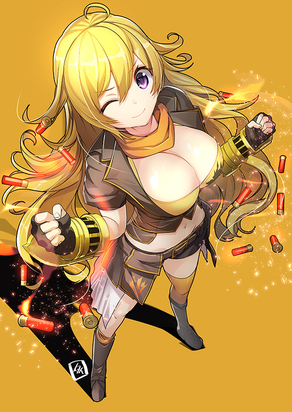 &gt;;) 1girl ahoge arm_guards armor belt belt_buckle black_boots black_gloves black_jacket black_shorts blonde_hair boots breasts buckle cleavage clenched_hands covered_nipples fingerless_gloves full_body gloves hair_between_eyes jacket knee_boots large_breasts light_particles long_hair looking_at_viewer looking_away looking_up loose_thighhigh open_clothes open_jacket rwby scarf shadow shorts signature simple_background solo standing tareme thigh-highs very_long_hair violet_eyes wink yam2344 yang_xiao_long yellow_background yellow_legwear yellow_scarf