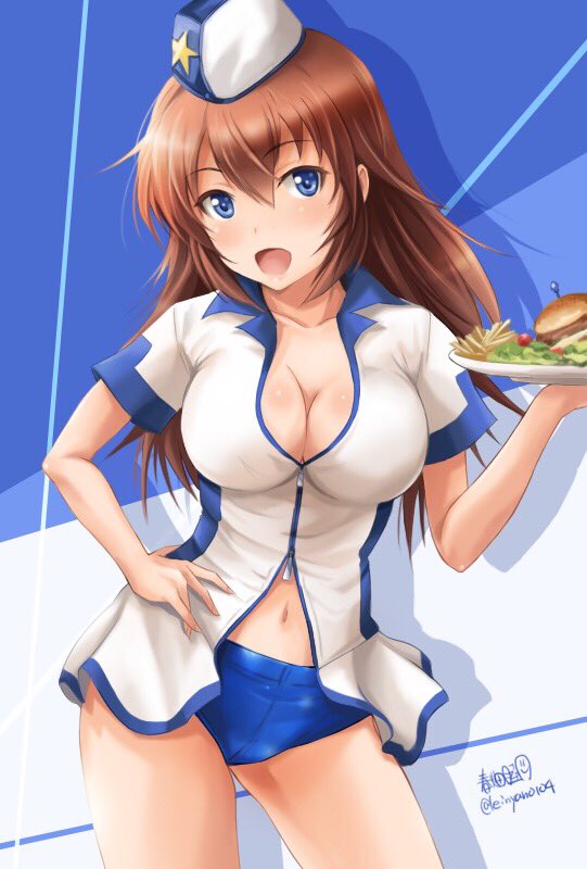 1girl artist_name bangs blouse blue_eyes blue_shorts breasts brown_hair charlotte_e_yeager cleavage contrapposto cowboy_shot eyebrows_visible_through_hair food fries garrison_cap hamburger hand_on_hip haruhata_mutsuki hat holding large_breasts long_hair looking_at_viewer navel open_mouth shadow short_shorts shorts signature smile solo standing star star_hat_ornament strike_witches tray twitter_username waitress white_blouse world_witches_series