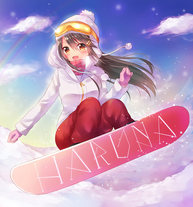 1girl :d beanie blue_sky character_name clouds cloudy_sky commentary_request day floating_hair fur_trim gloves goggles goggles_on_head hair_ornament hairclip hand_up haruna_(kantai_collection) hat hood hoodie kantai_collection long_hair mamekosora open_mouth outdoors purple_gloves rainbow remodel_(kantai_collection) sky smile snow snowboard snowboarding solo