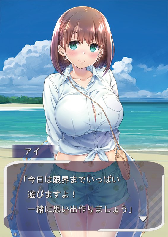 ai-chan_(tawawa) bag beach breasts brown_hair dress_shirt earrings getsuyoubi_no_tawawa green_eyes handbag innertube jewelry large_breasts midriff nanase_meruchi navel shirt short_hair shorts