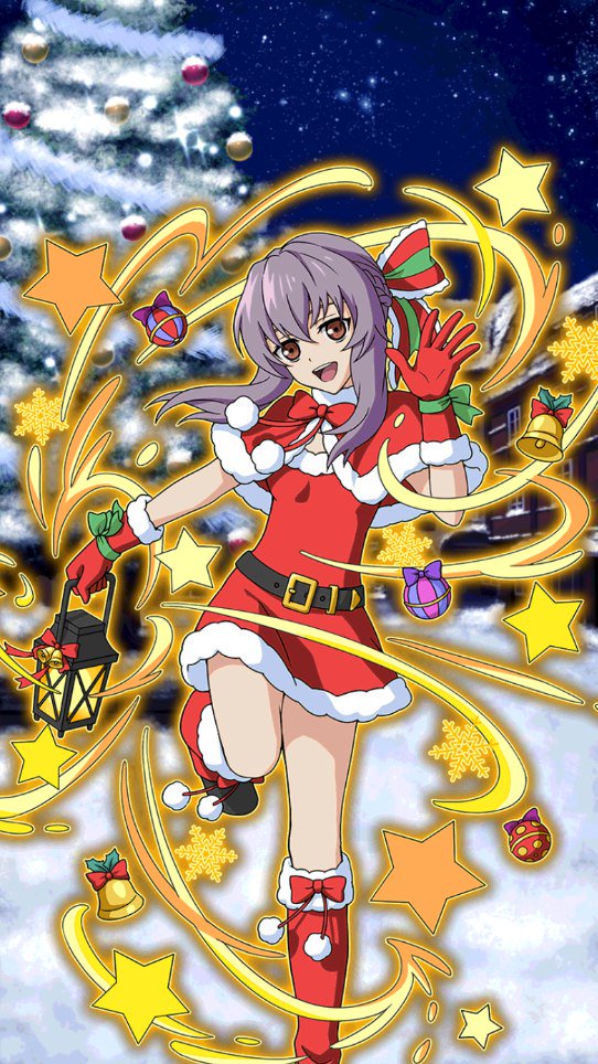 1girl :d boots bow bowtie brown_eyes capelet christmas christmas_tree dress floating_hair gloves hair_between_eyes hair_bow head_tilt hiiragi_shinoa holding_lantern knee_boots long_hair looking_at_viewer night one_leg_raised open_mouth outdoors owari_no_seraph purple_hair red_boots red_bow red_bowtie red_dress red_gloves santa_boots santa_costume santa_gloves short_dress sky sleeveless sleeveless_dress smile snow solo standing standing_on_one_leg star_(sky) starry_sky striped striped_bow