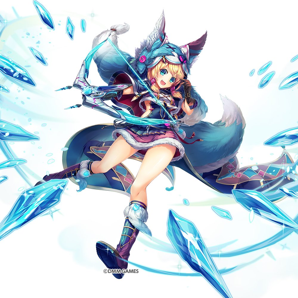 1girl animal_hood bangs blonde_hair blue_eyes boots bow_(weapon) commentary_request copyright_name crossbow dress elbow_gloves eyebrows_visible_through_hair fang full_body fur_trim gloves holding holding_weapon hood ice kami_project knee_boots looking_at_viewer official_art open_mouth short_dress short_hair simple_background smile solo weapon white_background