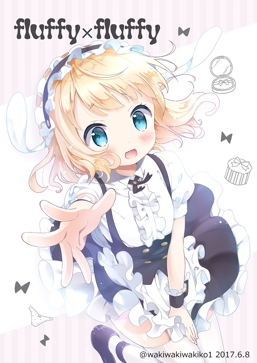 1girl animal_ears apron bangs black_shoes black_skirt blonde_hair blue_eyes blush bolo_tie bow collared_shirt commentary_request compact covering covering_crotch dated dutch_angle english eyebrows_visible_through_hair fake_animal_ears flat_chest fleur_de_lapin_uniform floppy_ears frilled_apron frilled_cuffs frilled_shirt frilled_skirt frills gochuumon_wa_usagi_desu_ka? headdress highres kirima_sharo looking_at_viewer maid_headdress mirror neki_(wakiko) open_mouth outstretched_hand panties puffy_short_sleeves puffy_sleeves rabbit_ears shirt shoes short_hair short_sleeves skirt solo striped thigh-highs twitter_username two-tone_background underbust underwear uniform vertical-striped_background vertical_stripes waist_apron wavy_hair wavy_mouth white_apron white_legwear white_shirt wing_collar wrist_cuffs zettai_ryouiki