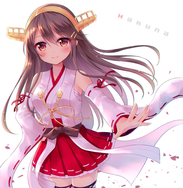 1girl bare_shoulders black_hair brown_eyes character_name detached_sleeves hair_between_eyes hairband haruna_(kantai_collection) headband japanese_clothes kantai_collection long_hair mamekosora nontraditional_miko pleated_skirt red_skirt remodel_(kantai_collection) ribbon-trimmed_sleeves ribbon_trim sarashi skirt smile solo white_background wide_sleeves