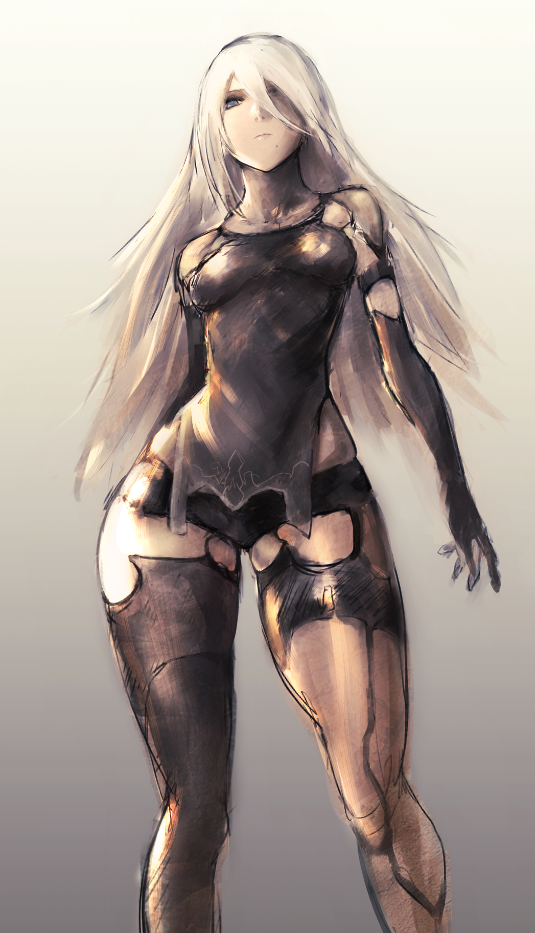 1girl commentary_request dress expressionless full_body grey_background grey_eyes hair_between_eyes highres hometa long_hair looking_at_viewer mechanical_arm mechanical_legs mole mole_under_mouth nier_(series) nier_automata sleeveless sleeveless_dress solo white_hair yorha_type_a_no._2