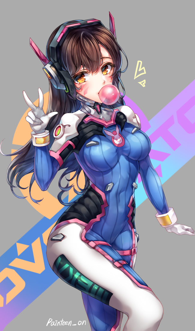 1girl acronym animal_print arm_at_side artist_name bangs blue_bodysuit blush bodysuit boots bracer breasts breasts_apart brown_eyes brown_hair bubble_blowing bunny_print chewing_gum commentary copyright_name covered_navel cowboy_shot d.va_(overwatch) facepaint facial_mark gloves hand_up headphones leg_up long_hair looking_at_viewer medium_breasts one_leg_raised overwatch painteen pauldrons pilot_suit ribbed_bodysuit shoulder_pads skin_tight solo standing standing_on_one_leg thigh-highs thigh_boots thigh_strap turtleneck w whisker_markings white_boots white_gloves