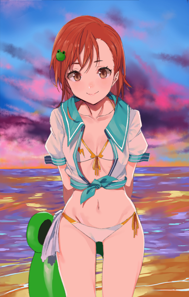 1girl aqua_ribbon arms_behind_back bangs bikini blue_sky blush brown_eyes closed_mouth clouds collarbone cowboy_shot evening flat_chest frog_hair_ornament front-tie_top hair_ornament holding horizon innertube legs_apart looking_at_viewer misaka_mikoto navel nesume ocean orange_ribbon redhead reflection ribbon sailor_collar shirt short_hair short_sleeves side-tie_bikini sky smile solo standing stomach swept_bangs swimsuit tareme to_aru_kagaku_no_railgun_s water white_bikini white_shirt