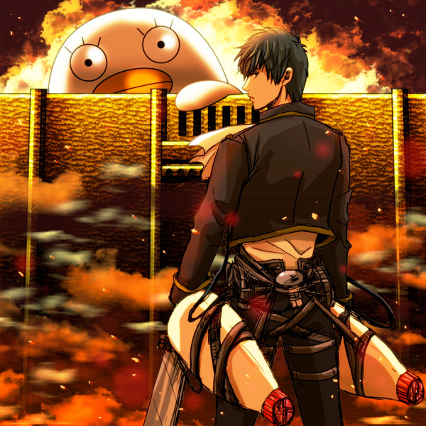 1boy black_hair black_jacket black_pants crossover elizabeth_(gintama) eriyama fire from_behind gintama hijikata_toushirou holding holding_sword holding_weapon jacket looking_back pants parody shingeki_no_kyojin shirt standing sword three-dimensional_maneuver_gear wall weapon white_shirt