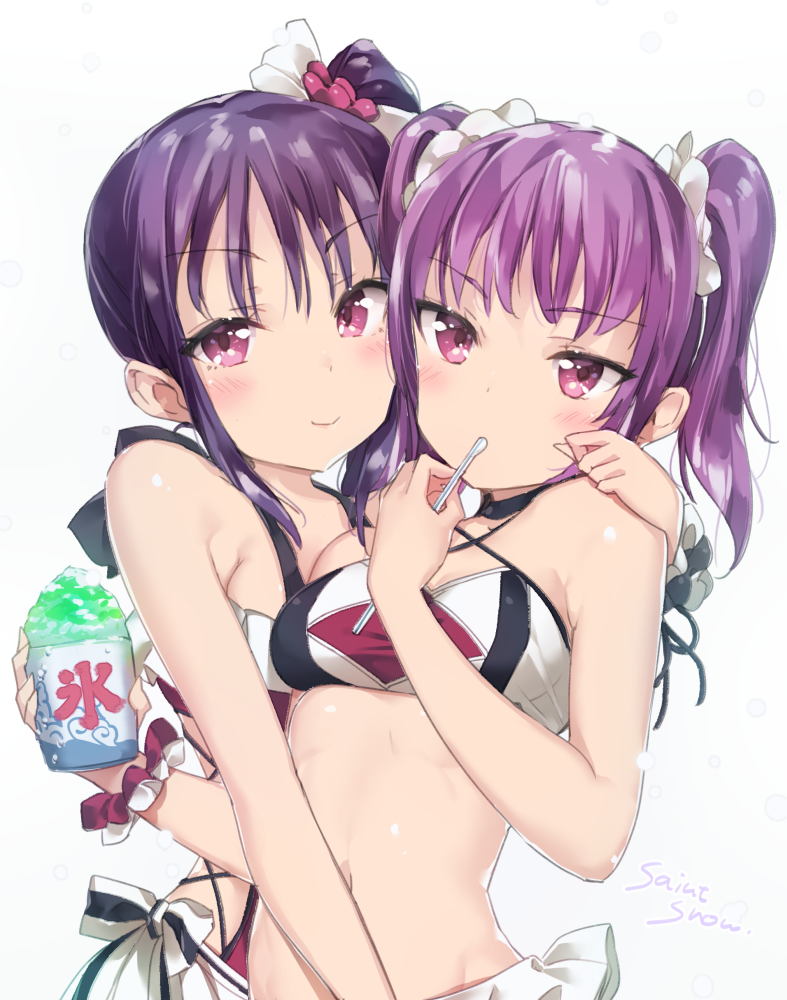 &gt;:) 2girls bangs bikini blush choker commentary_request eating hug kazuno_leah kazuno_sarah looking_at_viewer love_live! love_live!_sunshine!! micopp midriff multiple_girls navel one_side_up purple_hair saint_snow shaved_ice siblings simple_background sisters smile spoon swimsuit tsurime twintails upper_body violet_eyes white_background