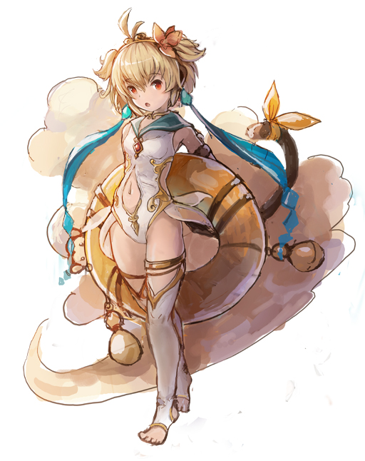 1girl ahoge anchira_(granblue_fantasy) armband earrings flower full_body granblue_fantasy hair_flower hair_ornament innertube jewelry monkey monkey_ears navel navel_cutout ramune_(ramunepod) red_eyes ribbon sailor_collar sketch solo standing swimsuit tail thigh-highs white_legwear yellow_ribbon